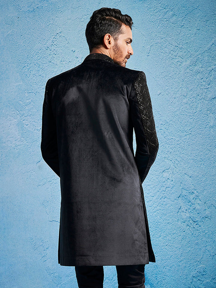 Men's Black Velvet Sherwani Only Top