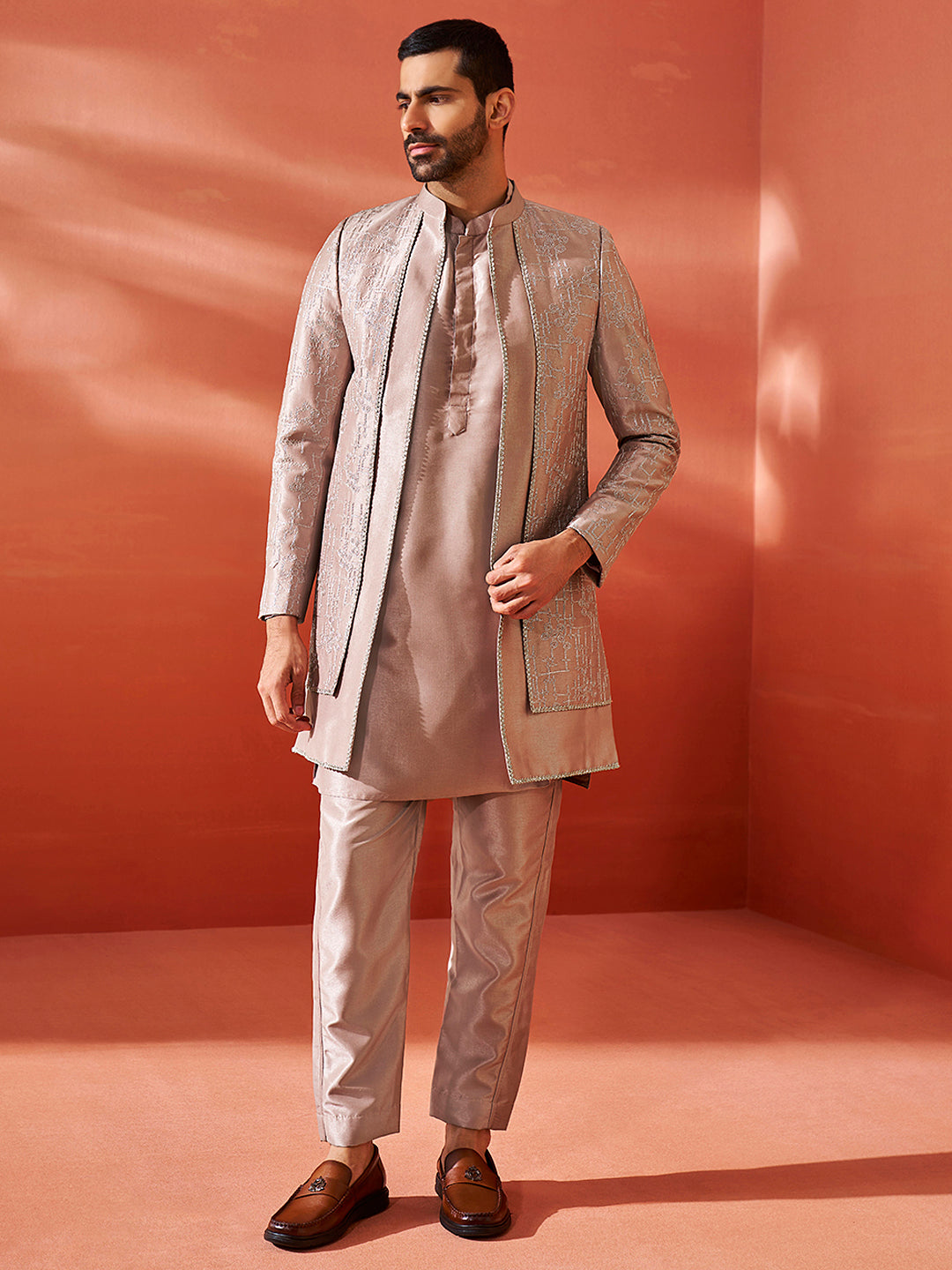 Men's Rose Gold Silk Blend Sherwani Only Top