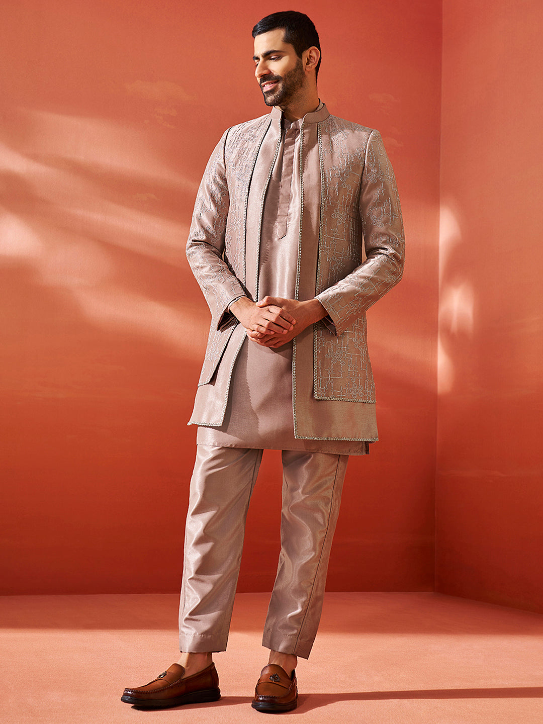 Men's Rose Gold Silk Blend Sherwani Only Top