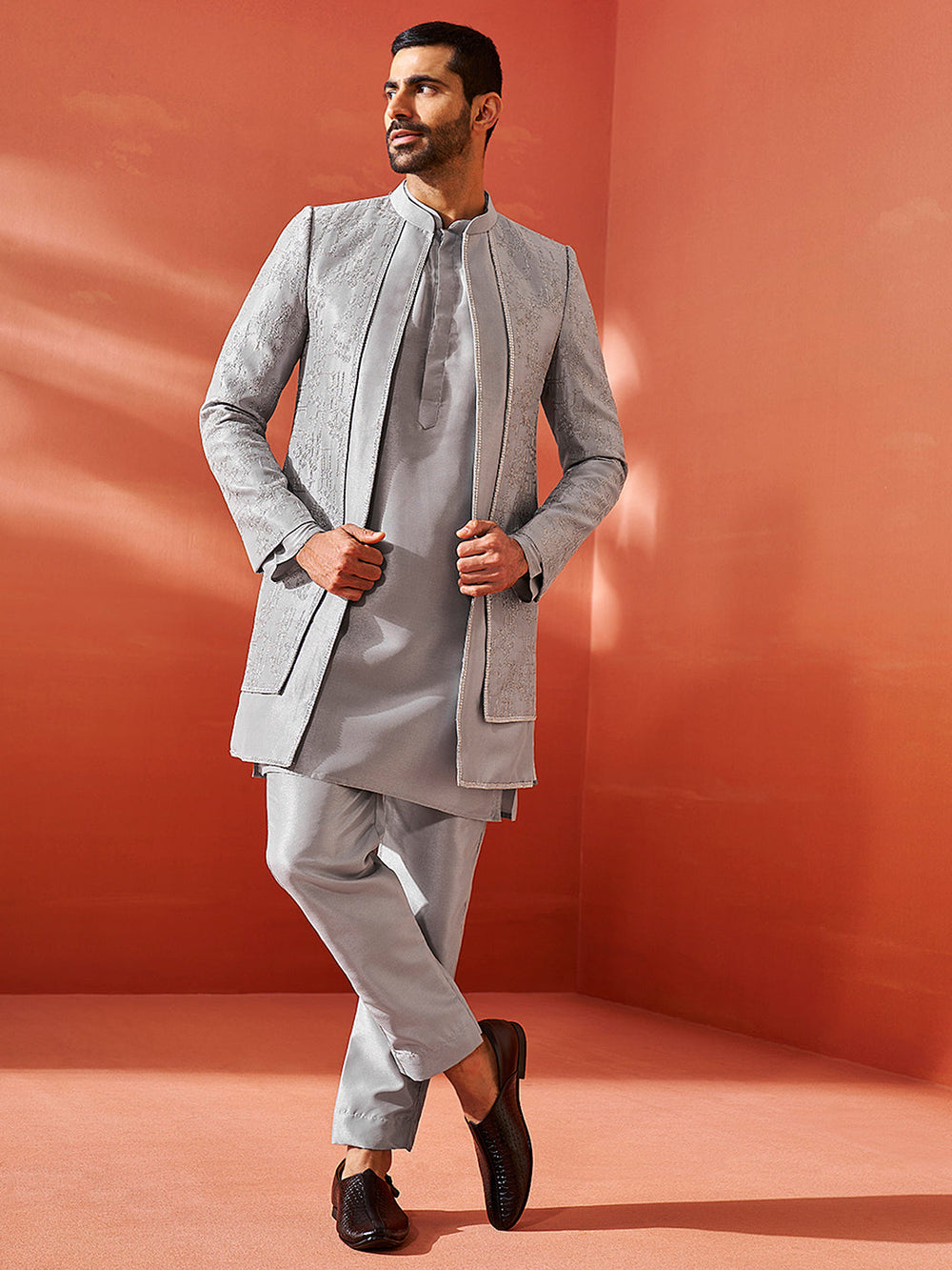 Men's Silver Silk Blend Sherwani Only Top