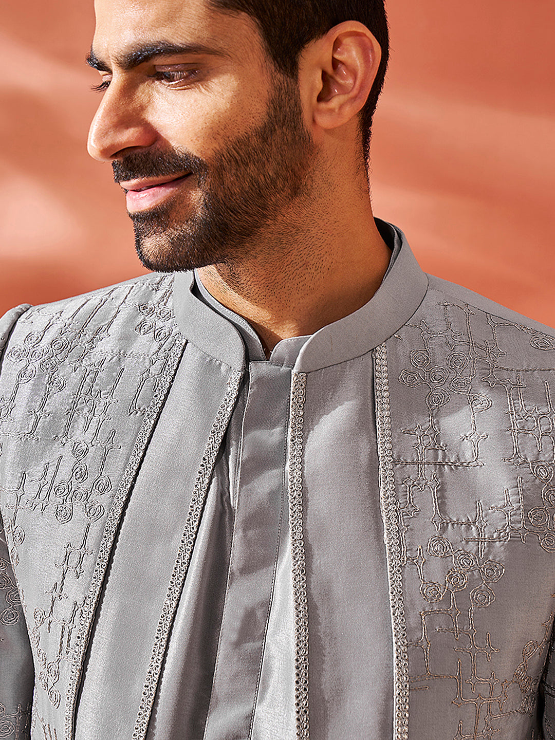 Men's Silver Silk Blend Sherwani Only Top