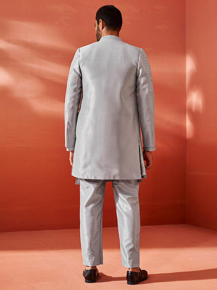 Men's Silver Silk Blend Sherwani Only Top