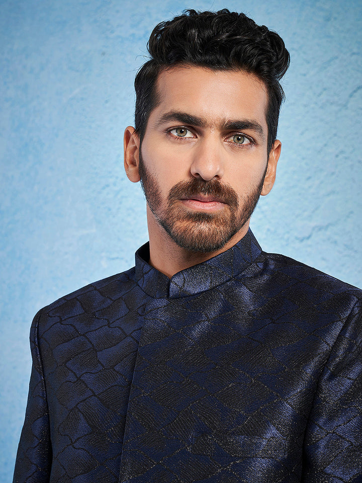 Men's Navy Blue Silk Blend Sherwani Only Top