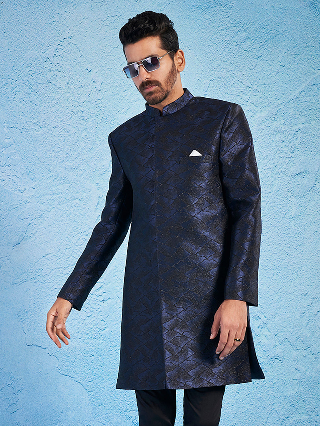 Men's Navy Blue Silk Blend Sherwani Only Top