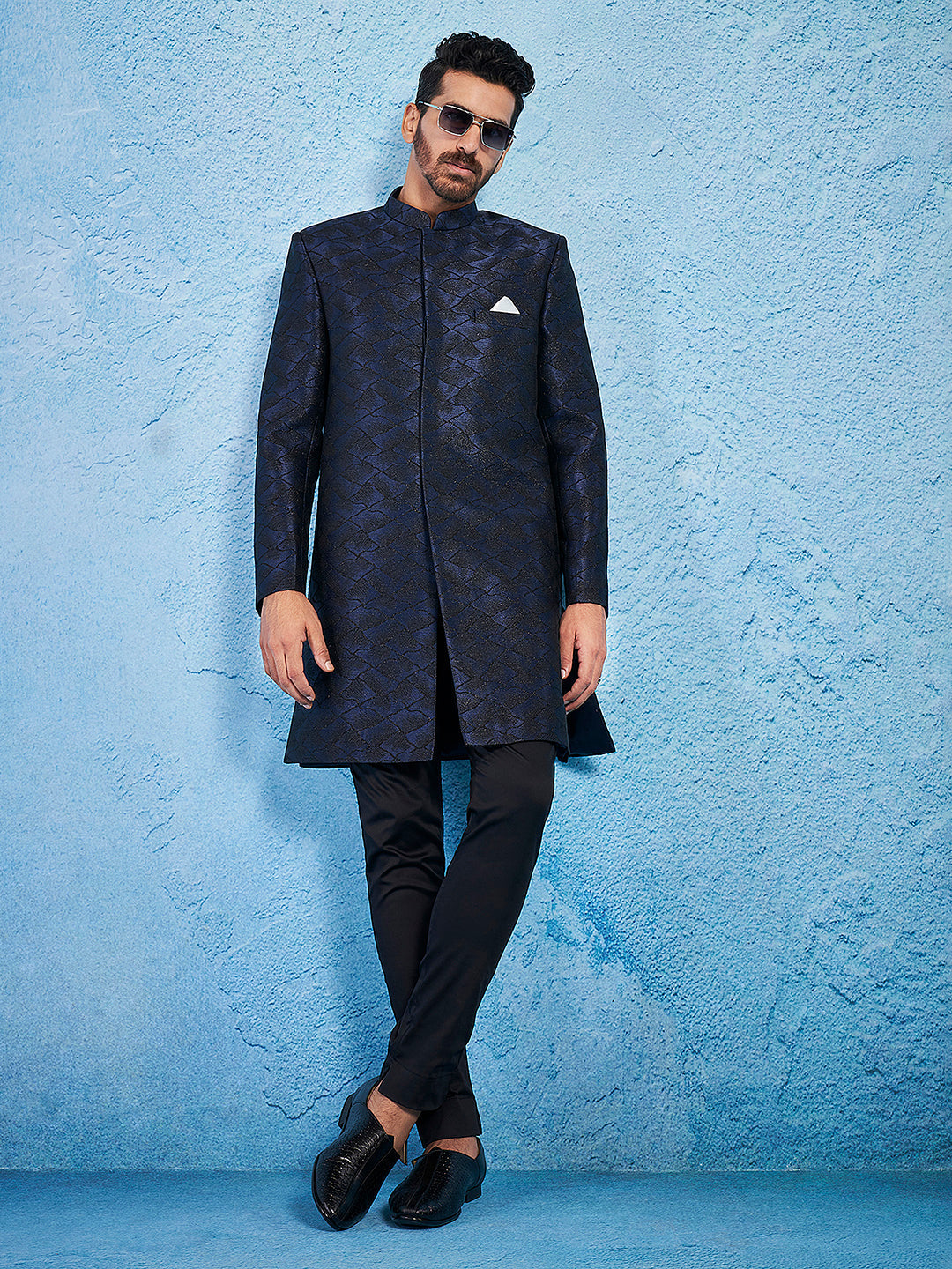 Men's Navy Blue Silk Blend Sherwani Set