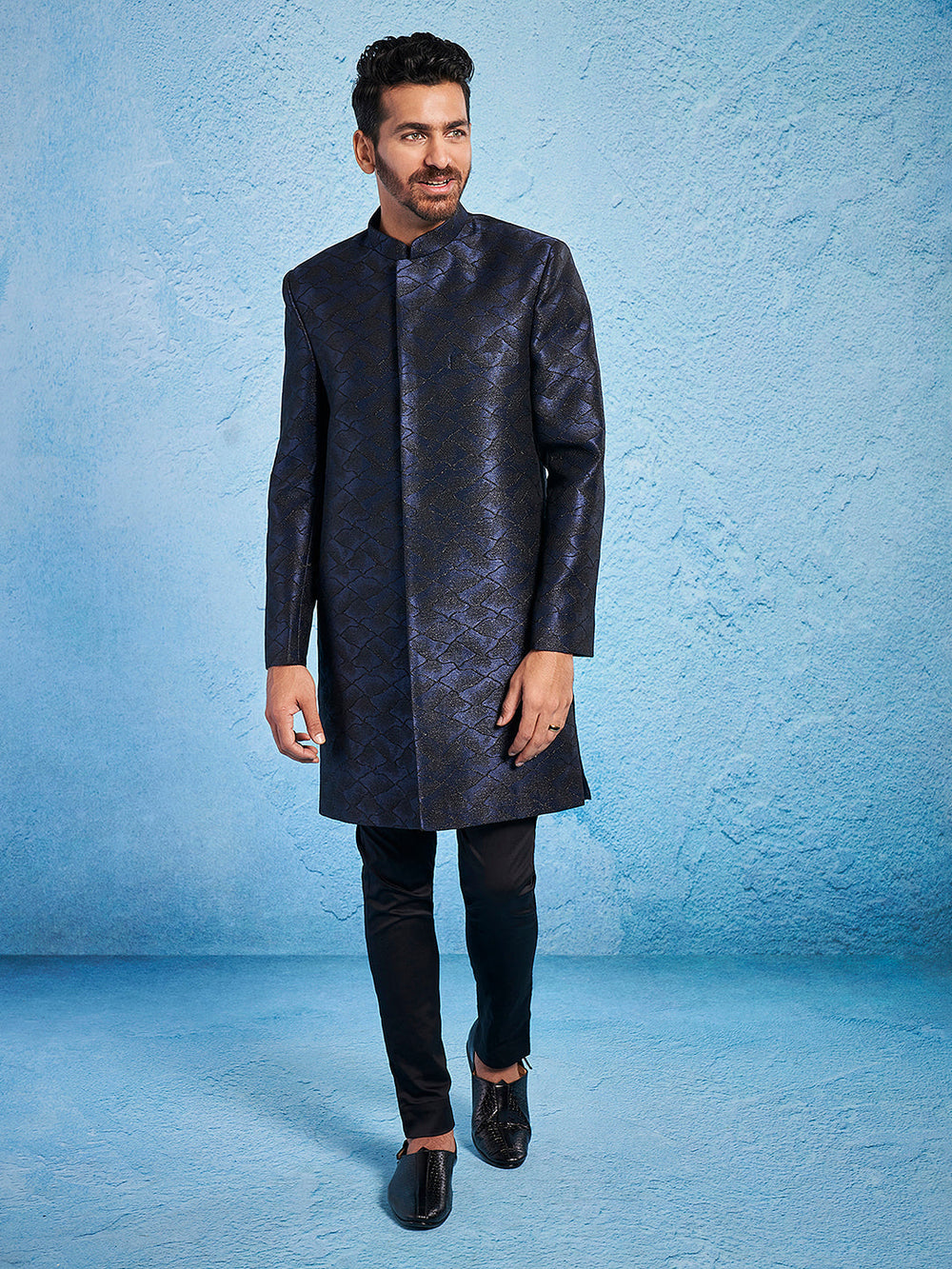 Men's Navy Blue Silk Blend Sherwani Set