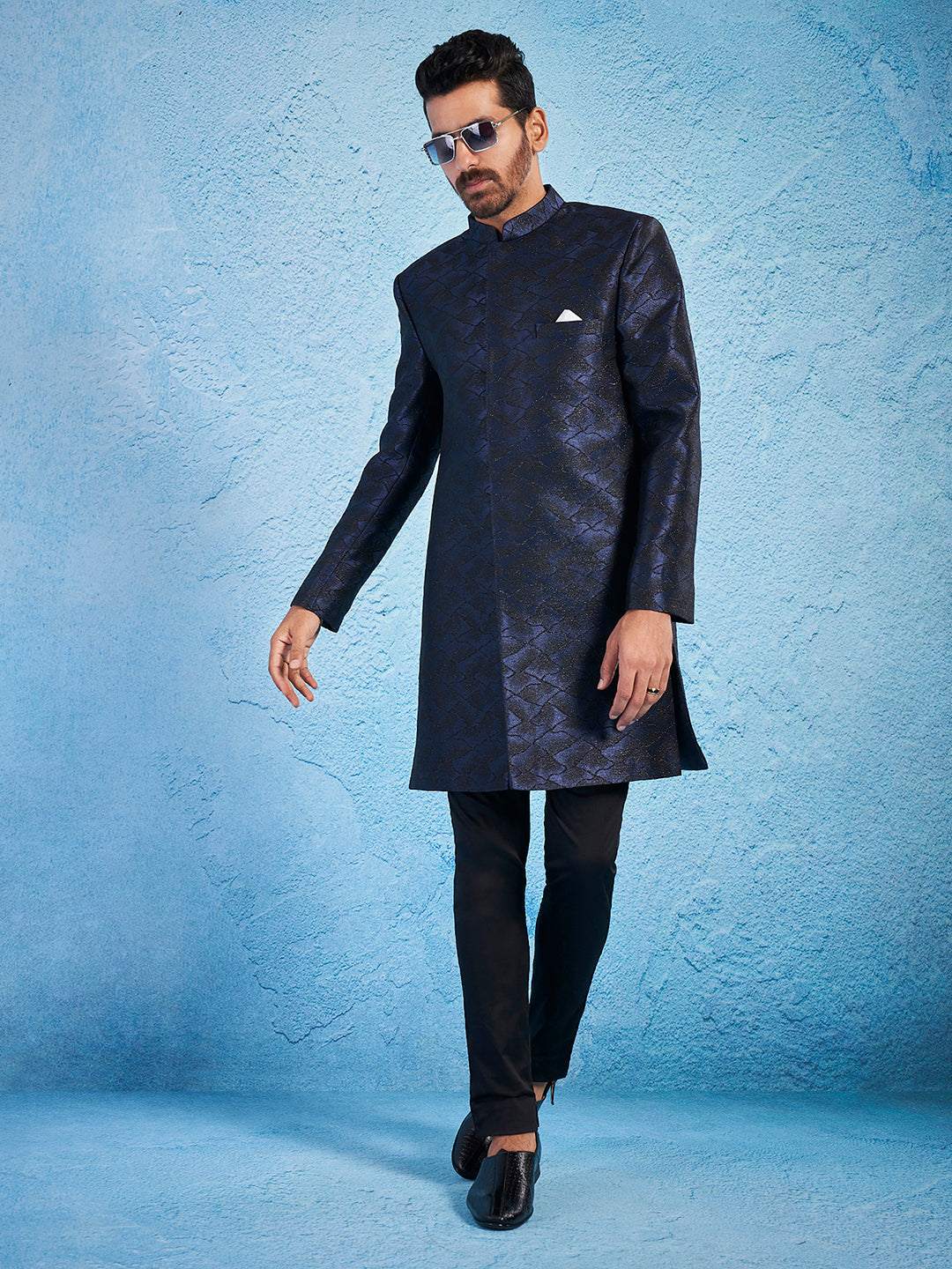 Men's Navy Blue Silk Blend Sherwani Set