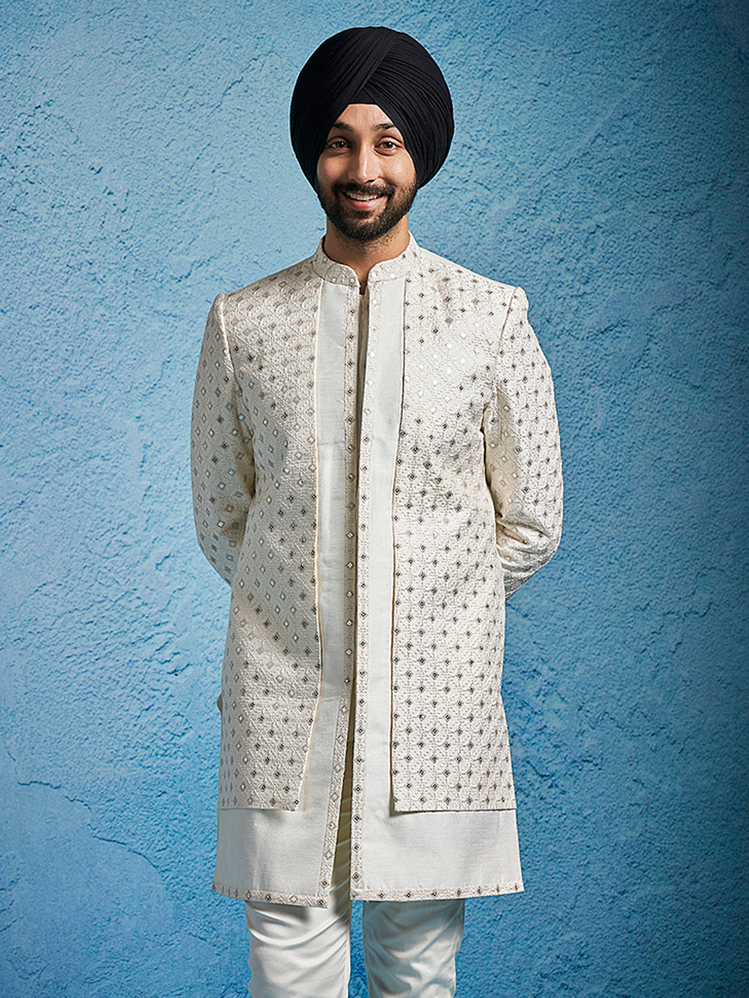 Men's Cream Silk Blend Sherwani Only Top