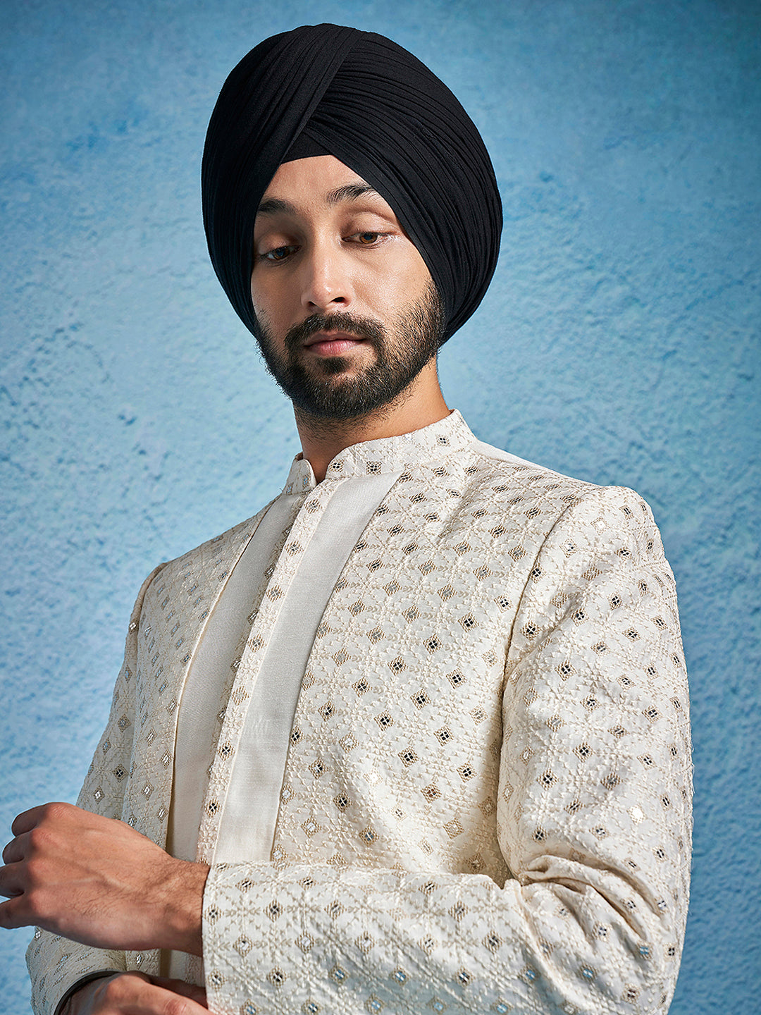 Men's Cream Silk Blend Sherwani Only Top