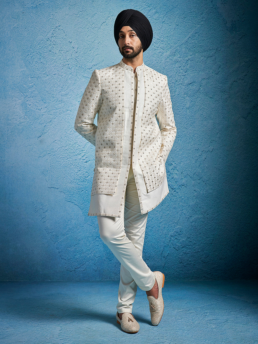 Men's Cream Silk Blend Sherwani Set