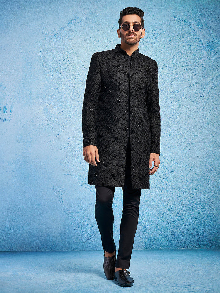 Men's Black Velvet Sherwani Only Top