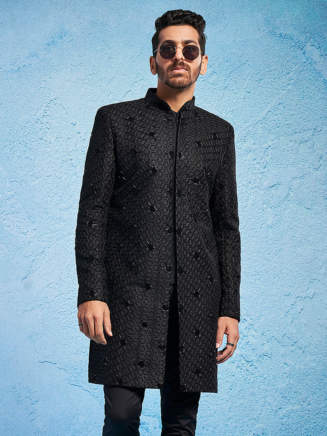 Men's Black Velvet Sherwani Only Top