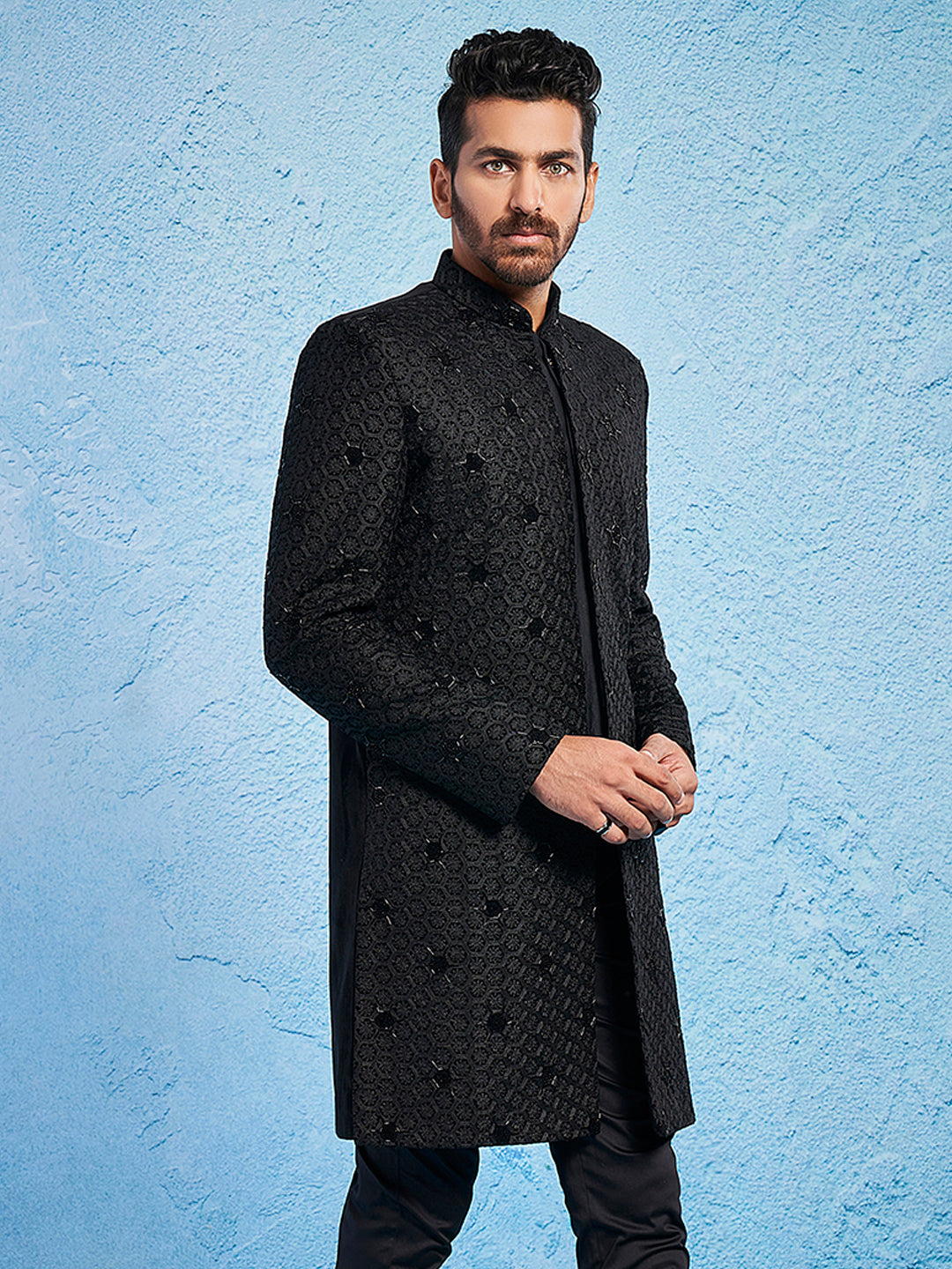 Men's Black Velvet Sherwani Only Top