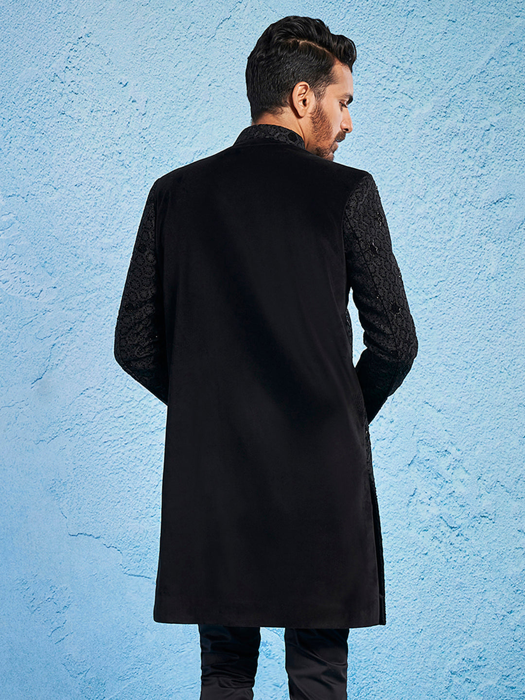 Men's Black Velvet Sherwani Only Top