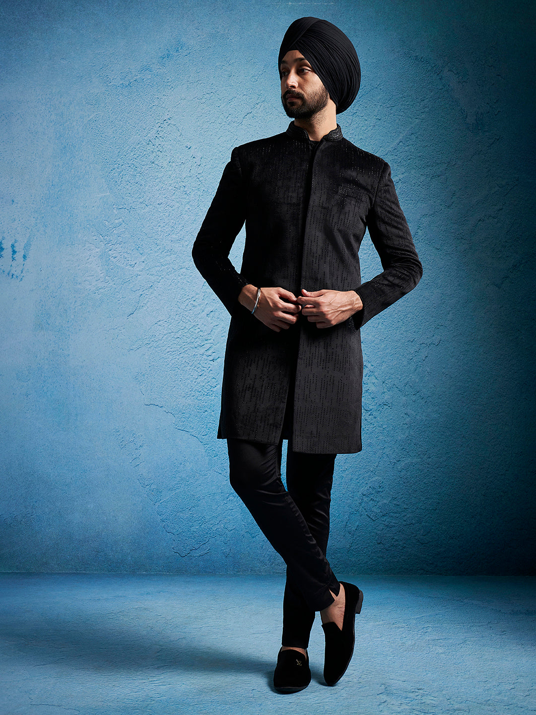 Men's Black Velvet Sherwani Only Top