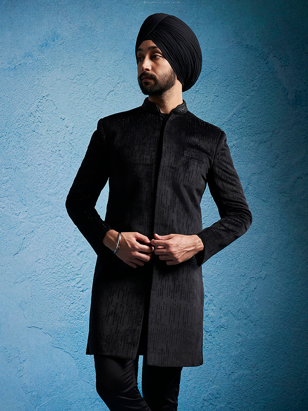 Men's Black Velvet Sherwani Only Top