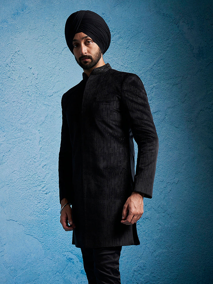 Men's Black Velvet Sherwani Only Top