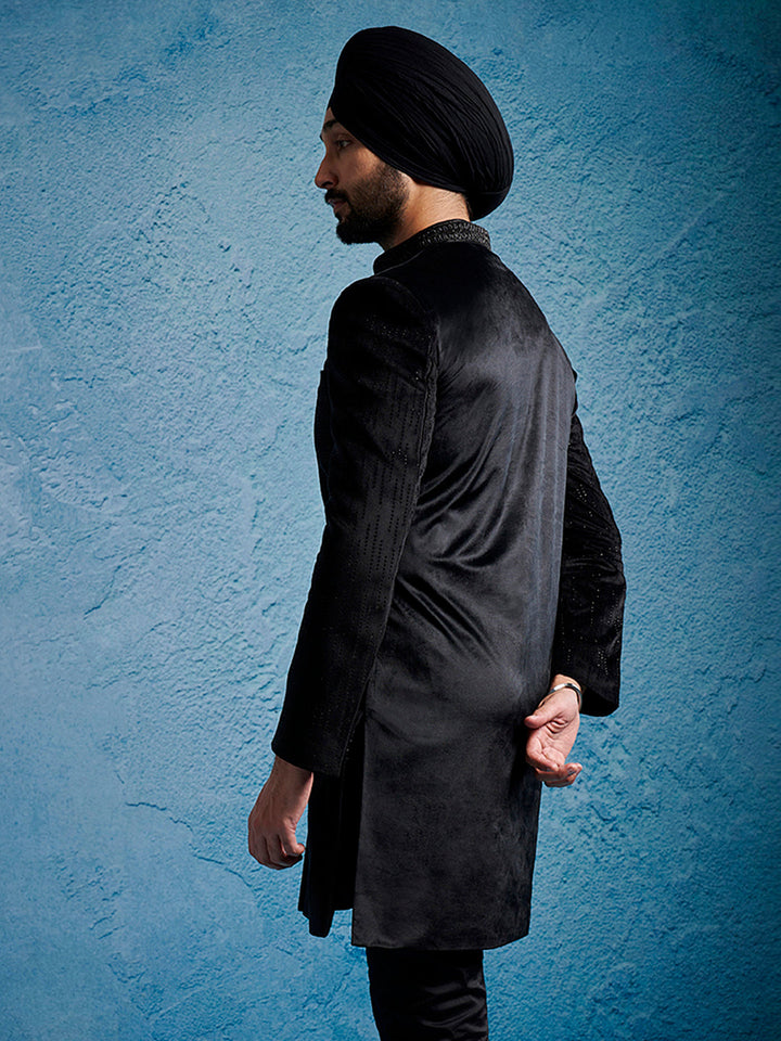 Men's Black Velvet Sherwani Only Top