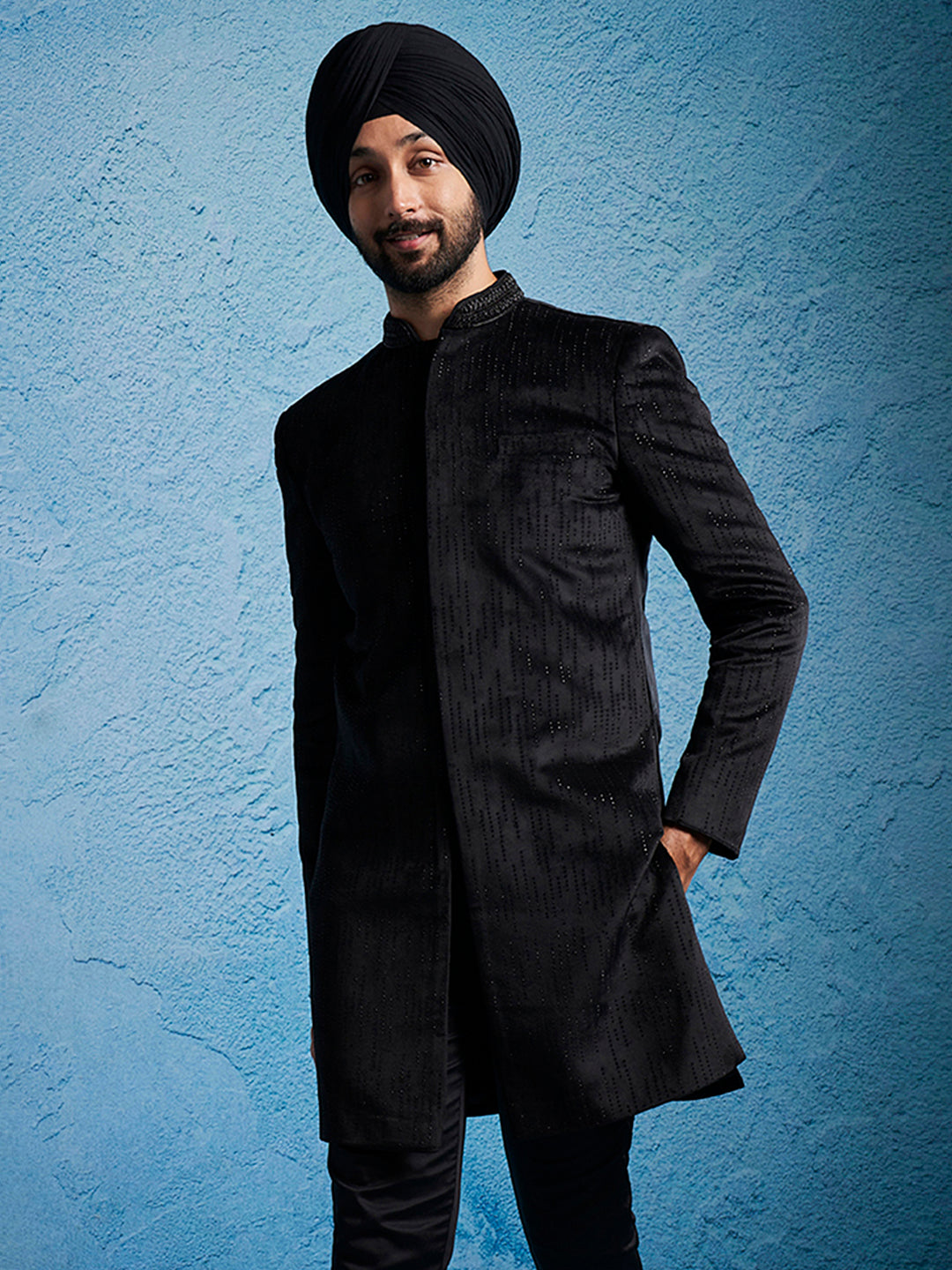 Men's Black Velvet Sherwani Only Top