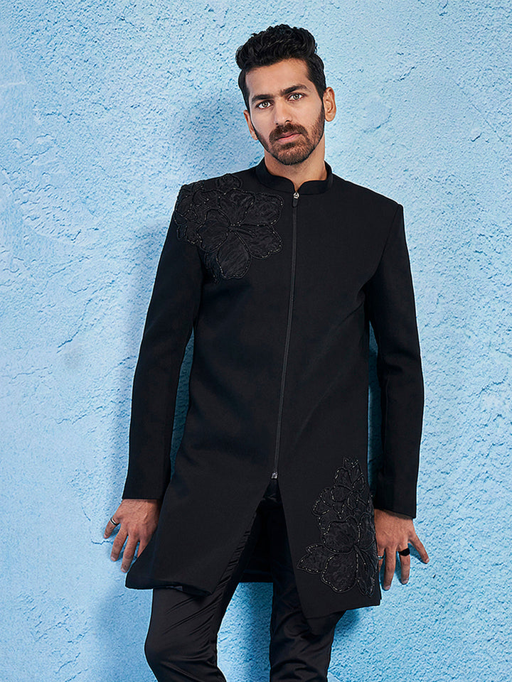 Men's Black Imported Suiting Lycra Sherwani Only Top