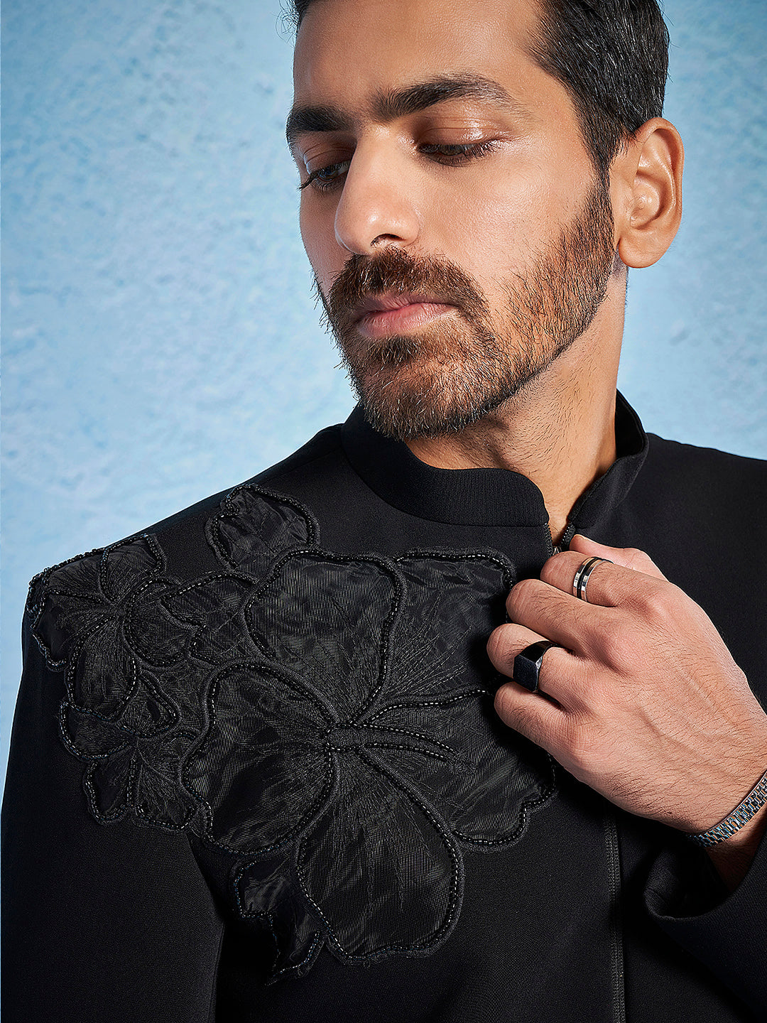 Men's Black Imported Suiting Lycra Sherwani Only Top