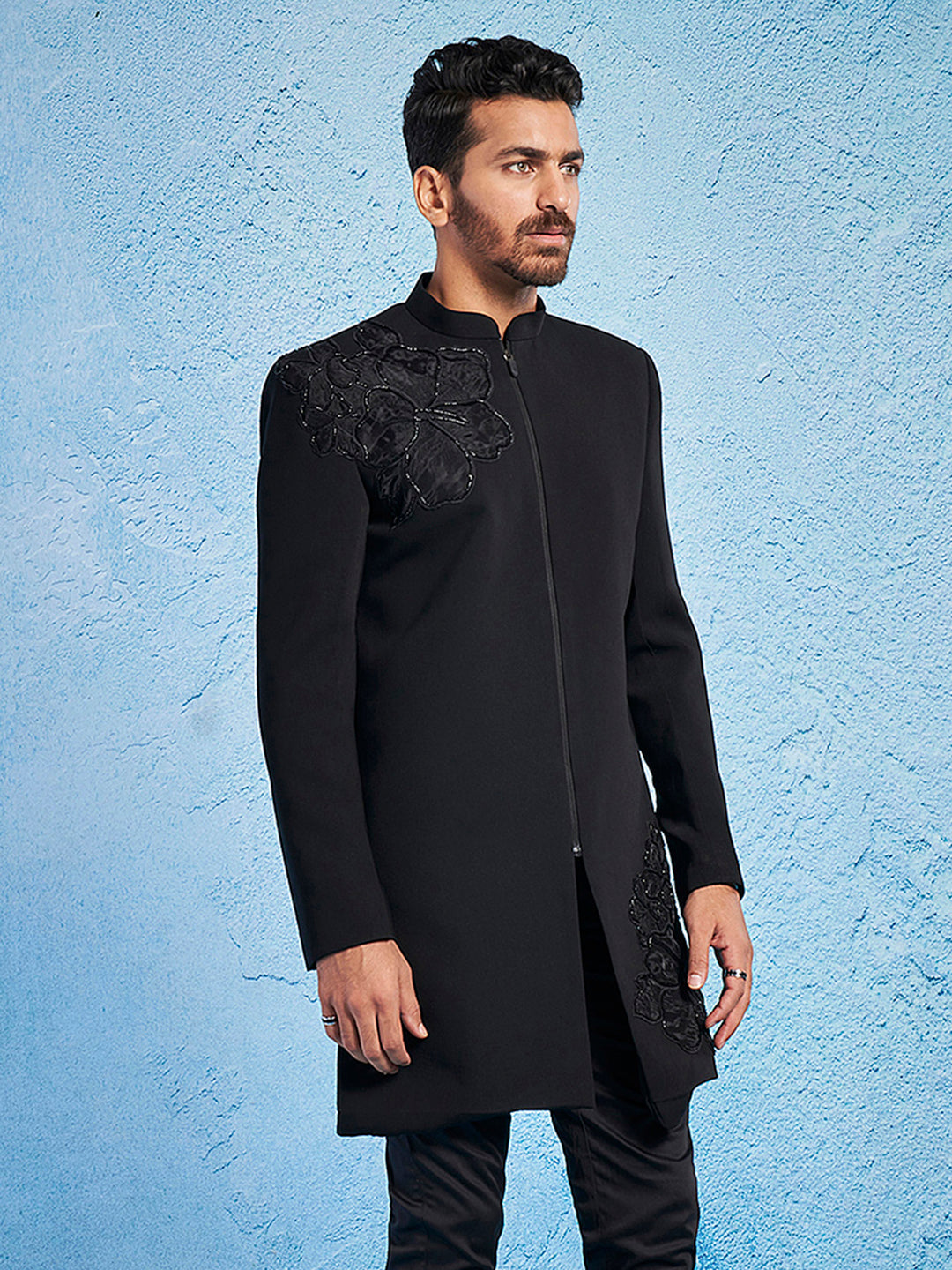 Men's Black Imported Suiting Lycra Sherwani Only Top