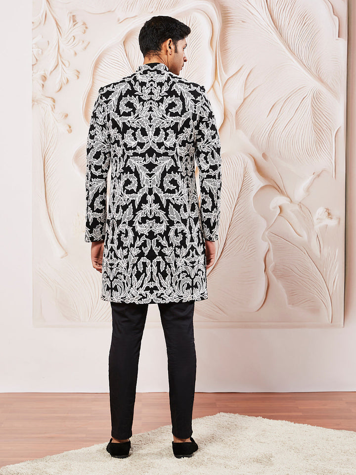 Men's Black Fox Geogette Indo Western And Pant Set