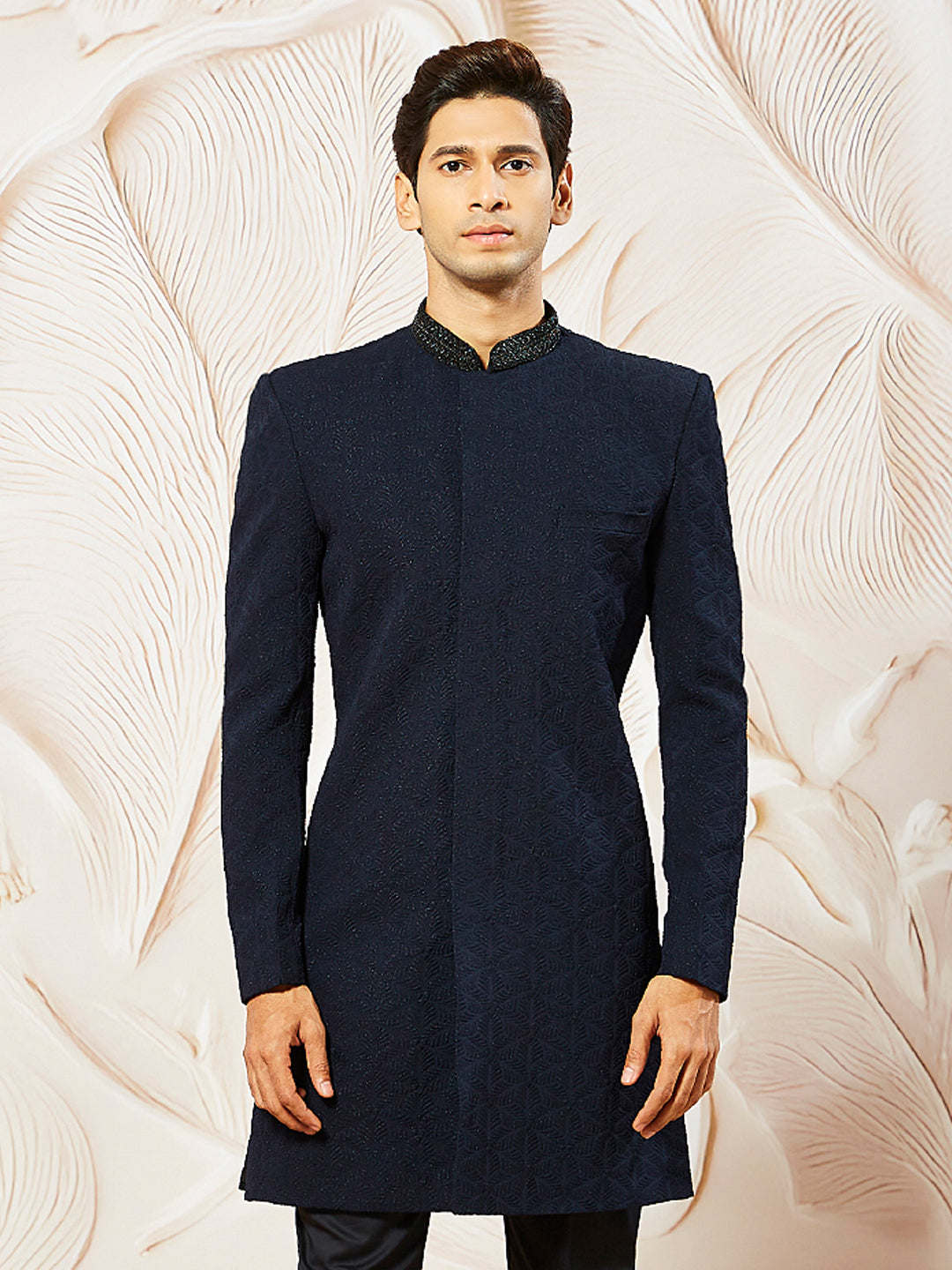 Men's Navy Blue Silk Blend Indo western