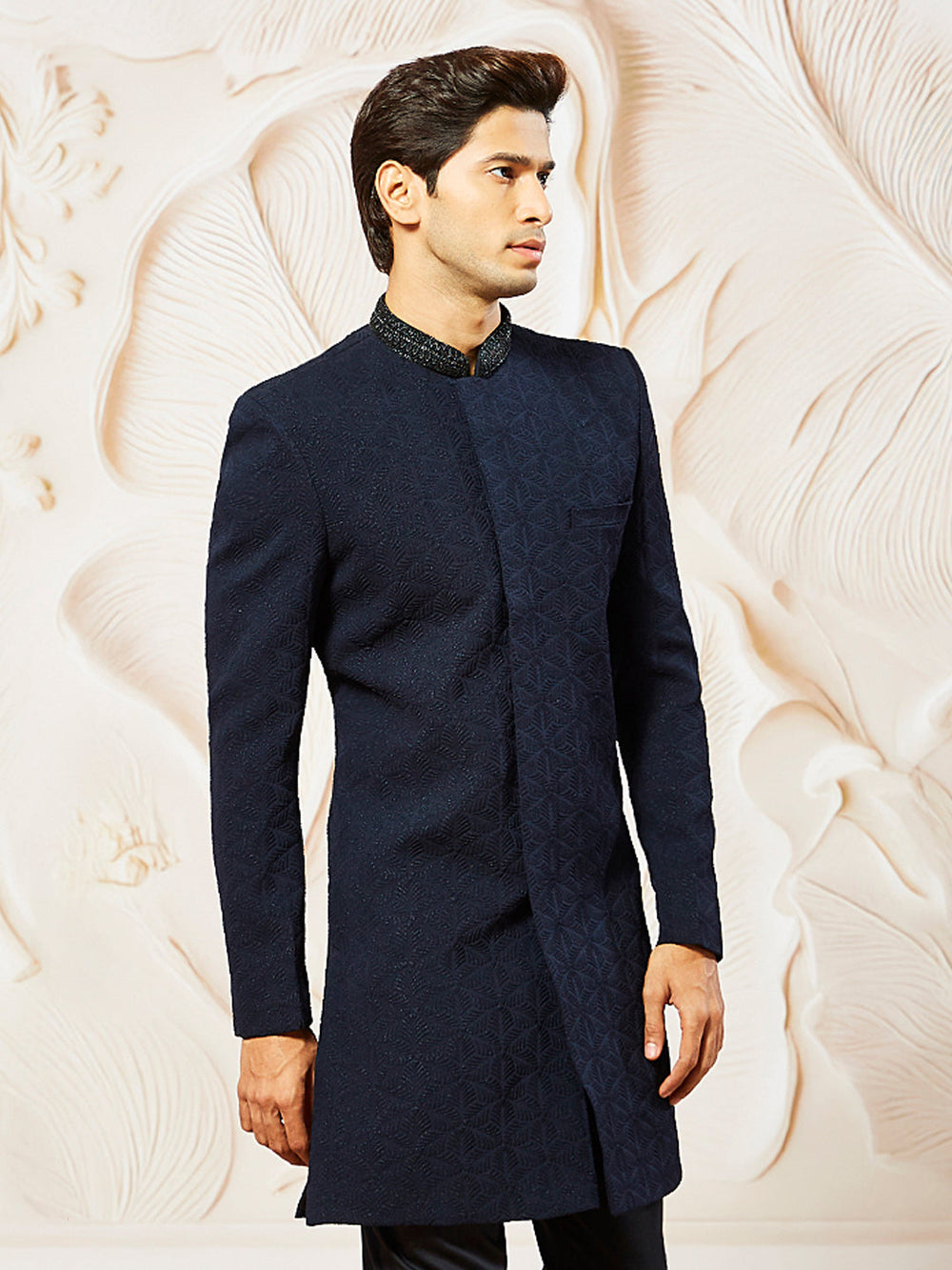 Men's Navy Blue Silk Blend Indo western