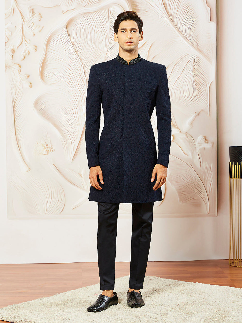 Men's Navy Blue Silk Blend Indo Western And Pant Set