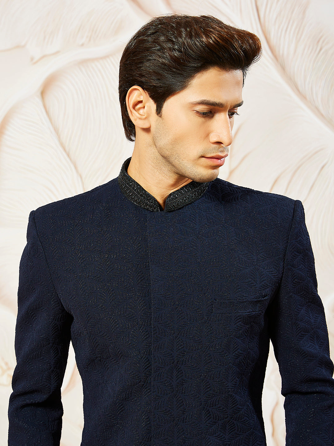 Men's Navy Blue Silk Blend Indo Western And Pant Set