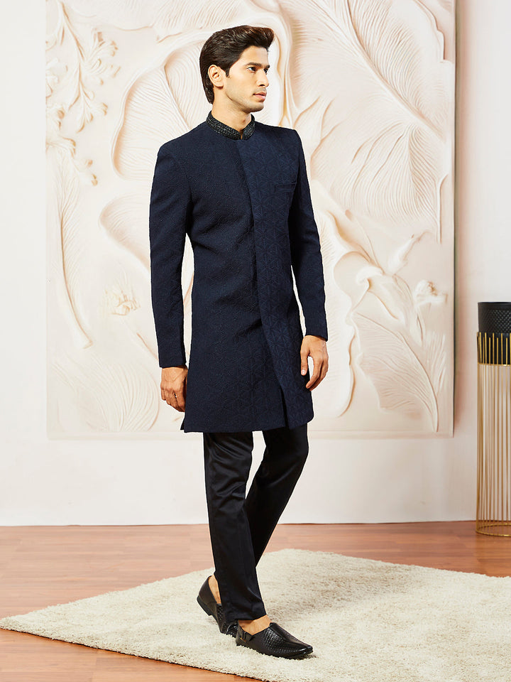 Men's Navy Blue Silk Blend Indo Western And Pant Set