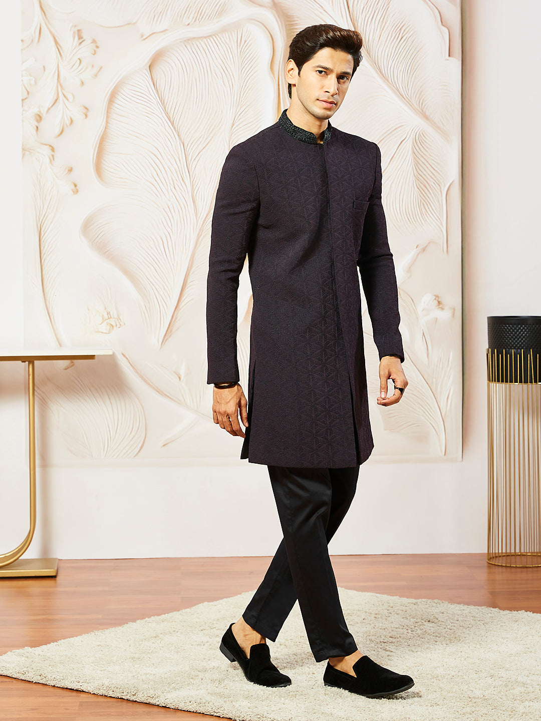 Men's Wine  Silk Blend Indo Western And Pant Set