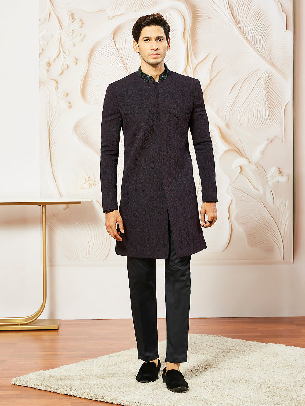 Men's Wine  Silk Blend Indo Western And Pant Set