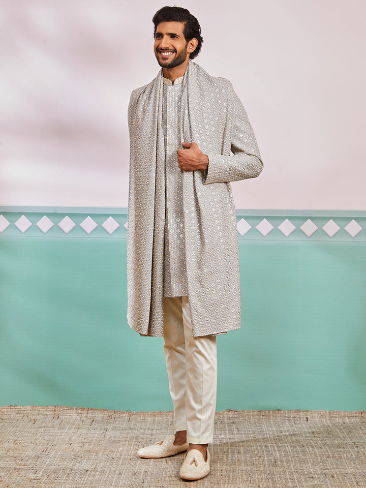 Men's Grey Rayon Indo Western,Pyjama And Dupatta Set