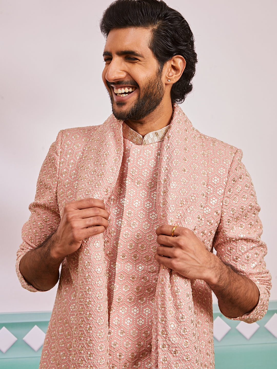 Men's Peach Rayon Indo Western, Pyjama And Dupatta Set