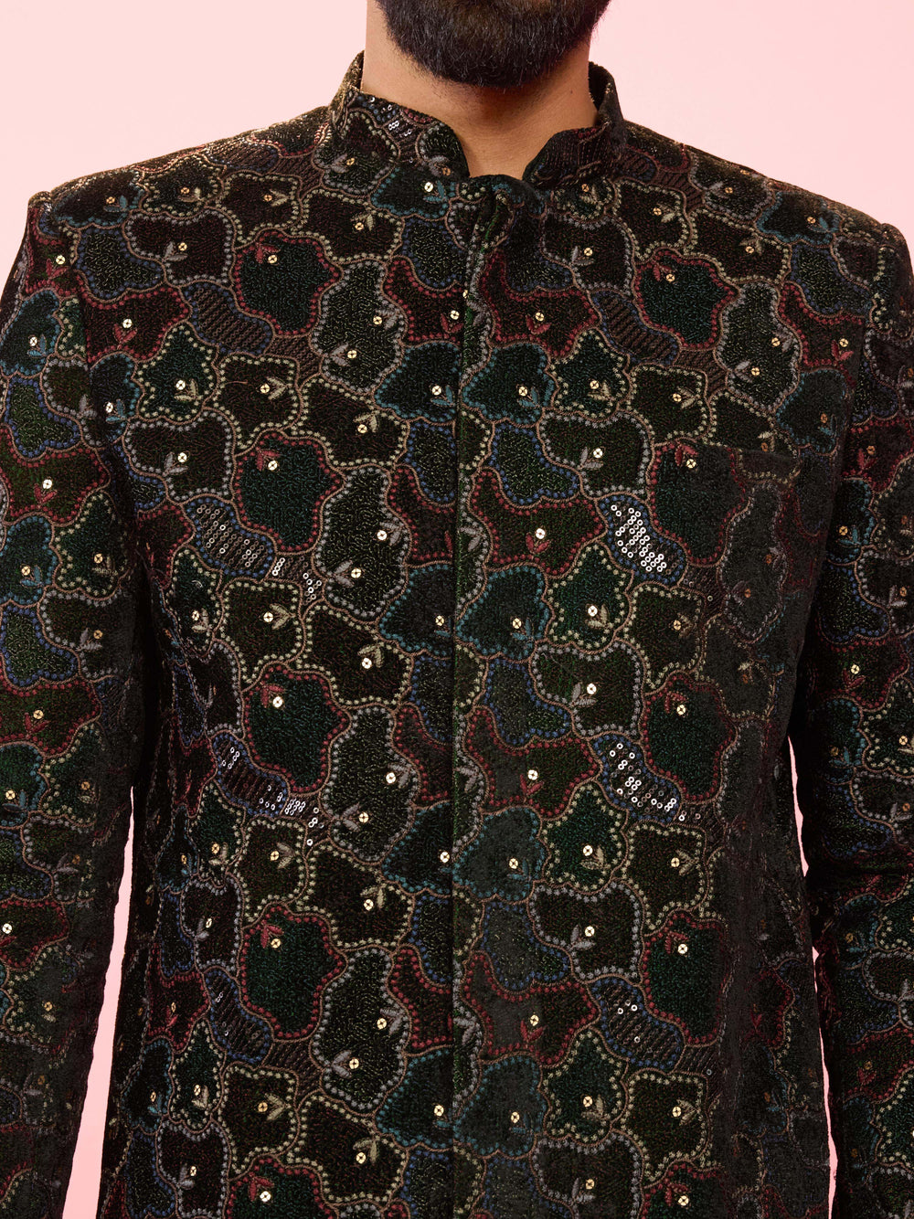 Men's Green Velvet Geometric Embroidered Indo-Western Set with Black Pant - view 2