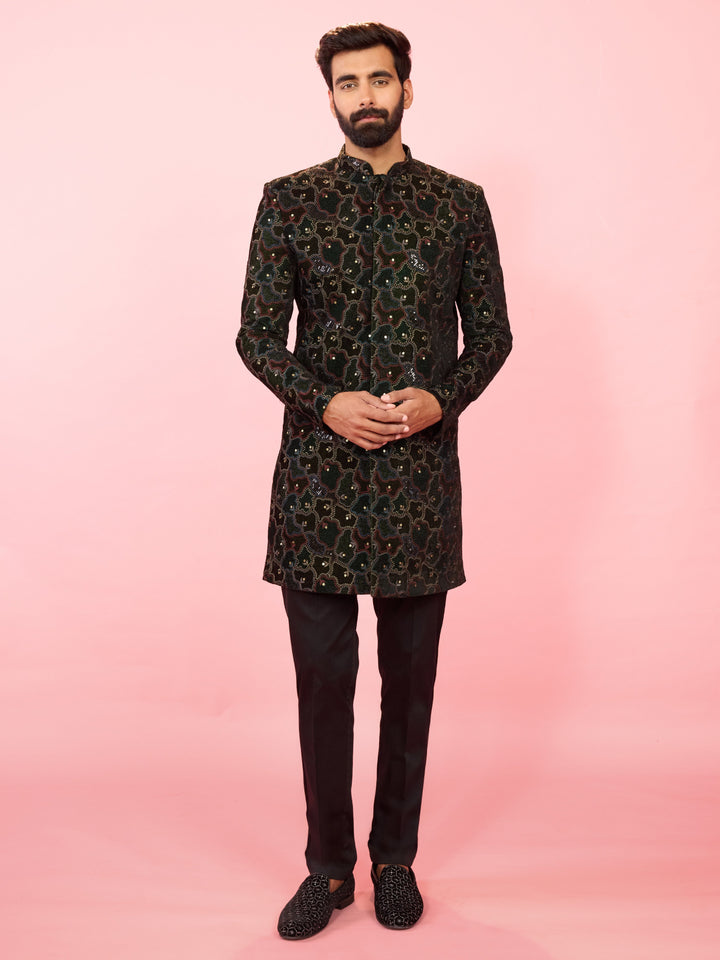 Men's Green Velvet Geometric Embroidered Indo-Western Set with Black Pant - view 4