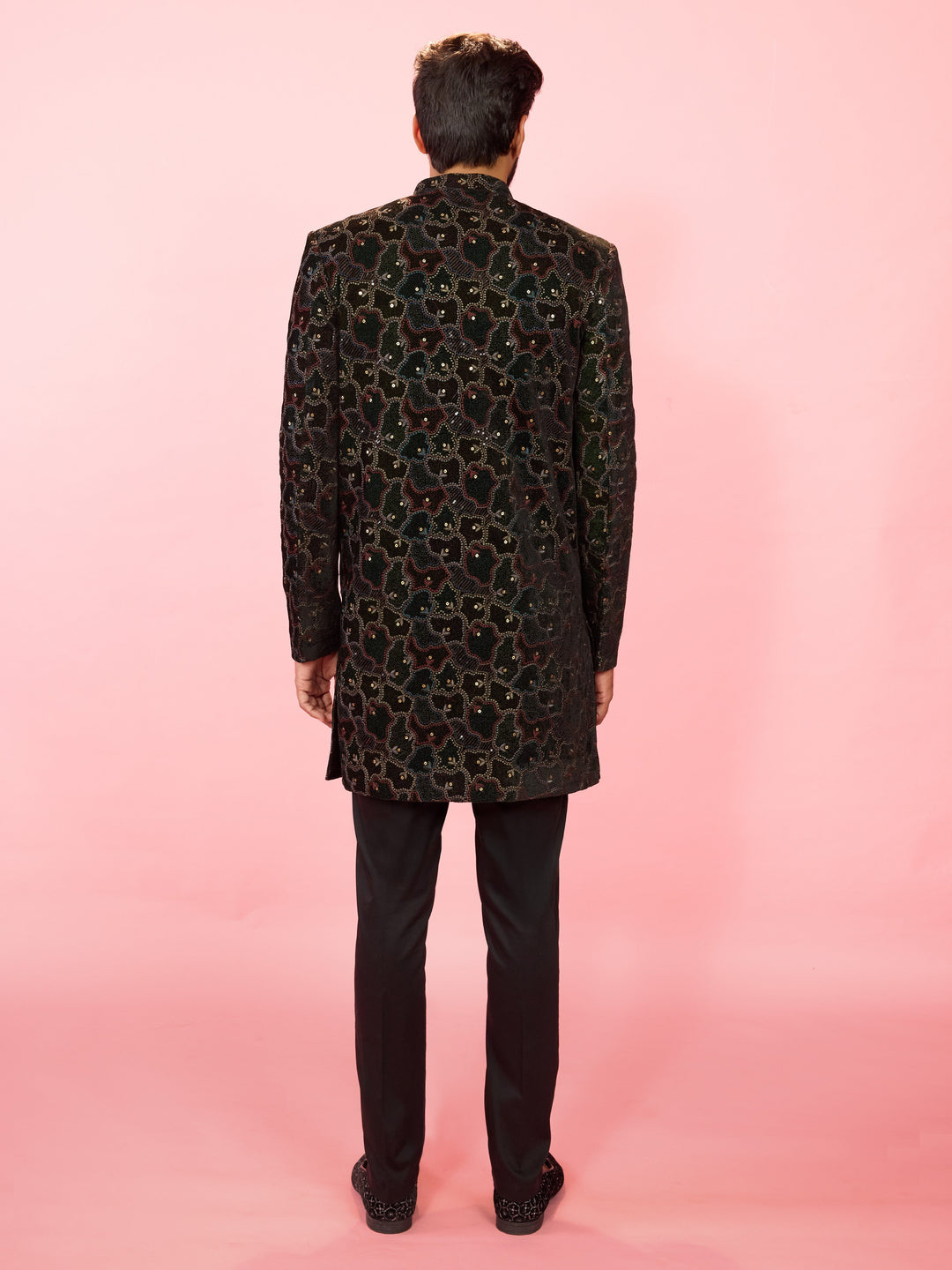 Men's Green Velvet Geometric Embroidered Indo-Western Set with Black Pant - view 5