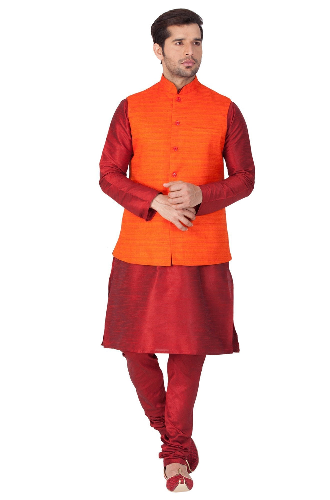 Sarvati Men's Maroon Cotton Silk Blend Kurta, Ethnic Jacket and Pyjama Set