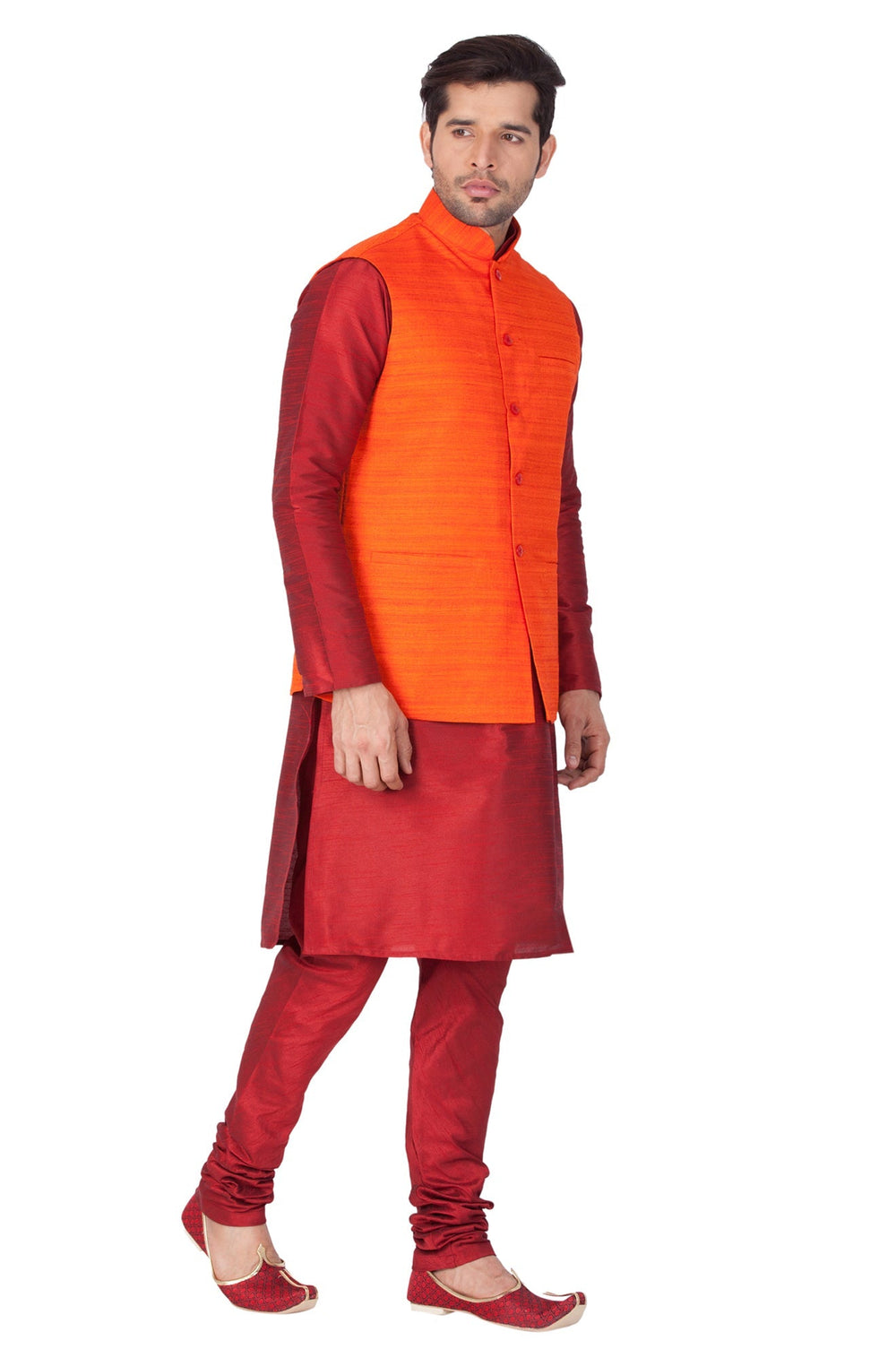 Sarvati Men's Maroon Cotton Silk Blend Kurta, Ethnic Jacket and Pyjama Set