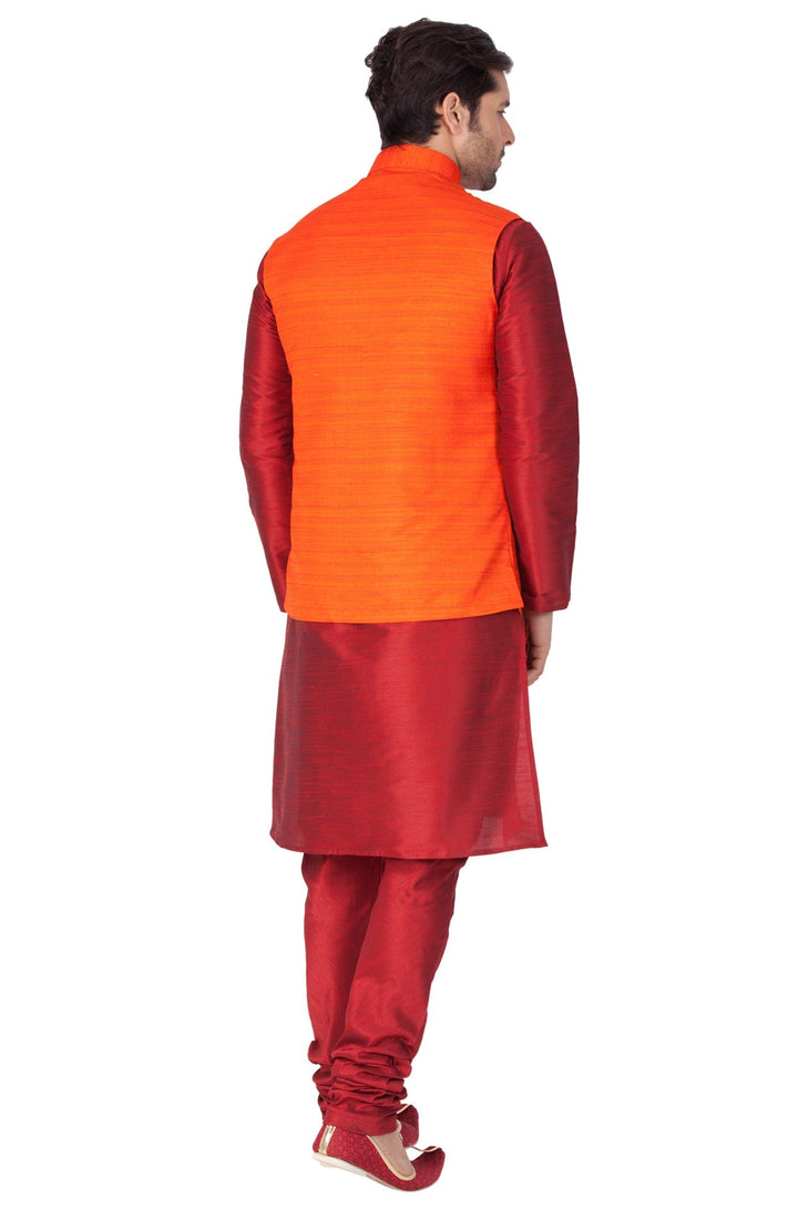 Sarvati Men's Maroon Cotton Silk Blend Kurta, Ethnic Jacket and Pyjama Set