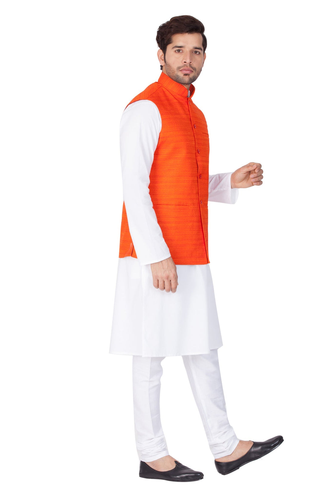 Sarvati Men's White Cotton Blend Kurta, Ethnic Jacket and Pyjama Set