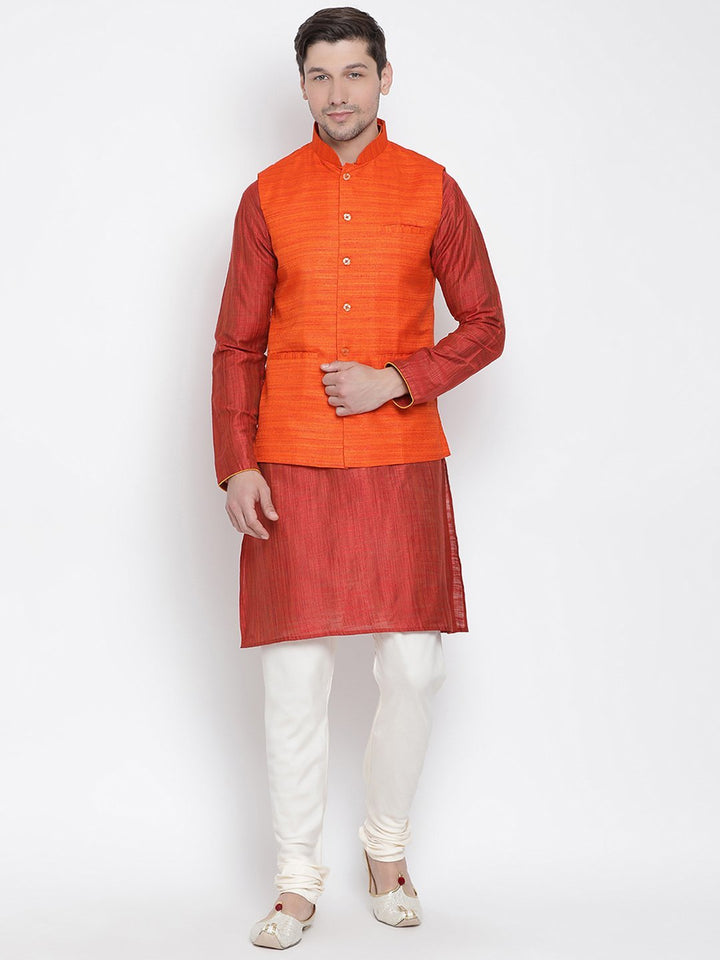 Sarvati Men's Maroon Cotton Silk Blend Kurta, Ethnic Jacket and Pyjama Set