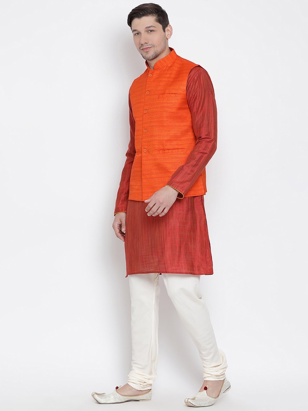 Sarvati Men's Maroon Cotton Silk Blend Kurta, Ethnic Jacket and Pyjama Set