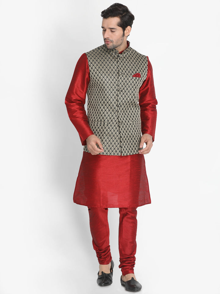 Sarvati Men's Maroon Silk Blend Jacket with Kurta Pyjama Set