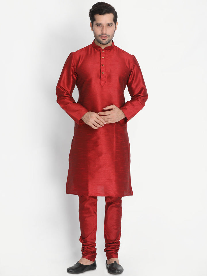 Sarvati Men's Maroon Silk Blend Jacket with Kurta Pyjama Set