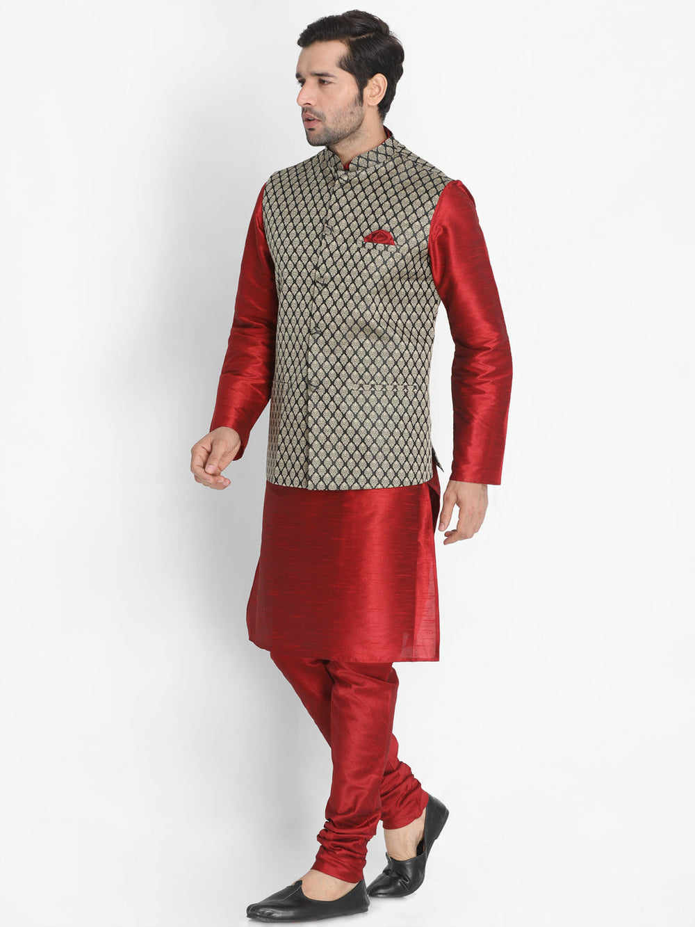 Sarvati Men's Maroon Silk Blend Jacket with Kurta Pyjama Set