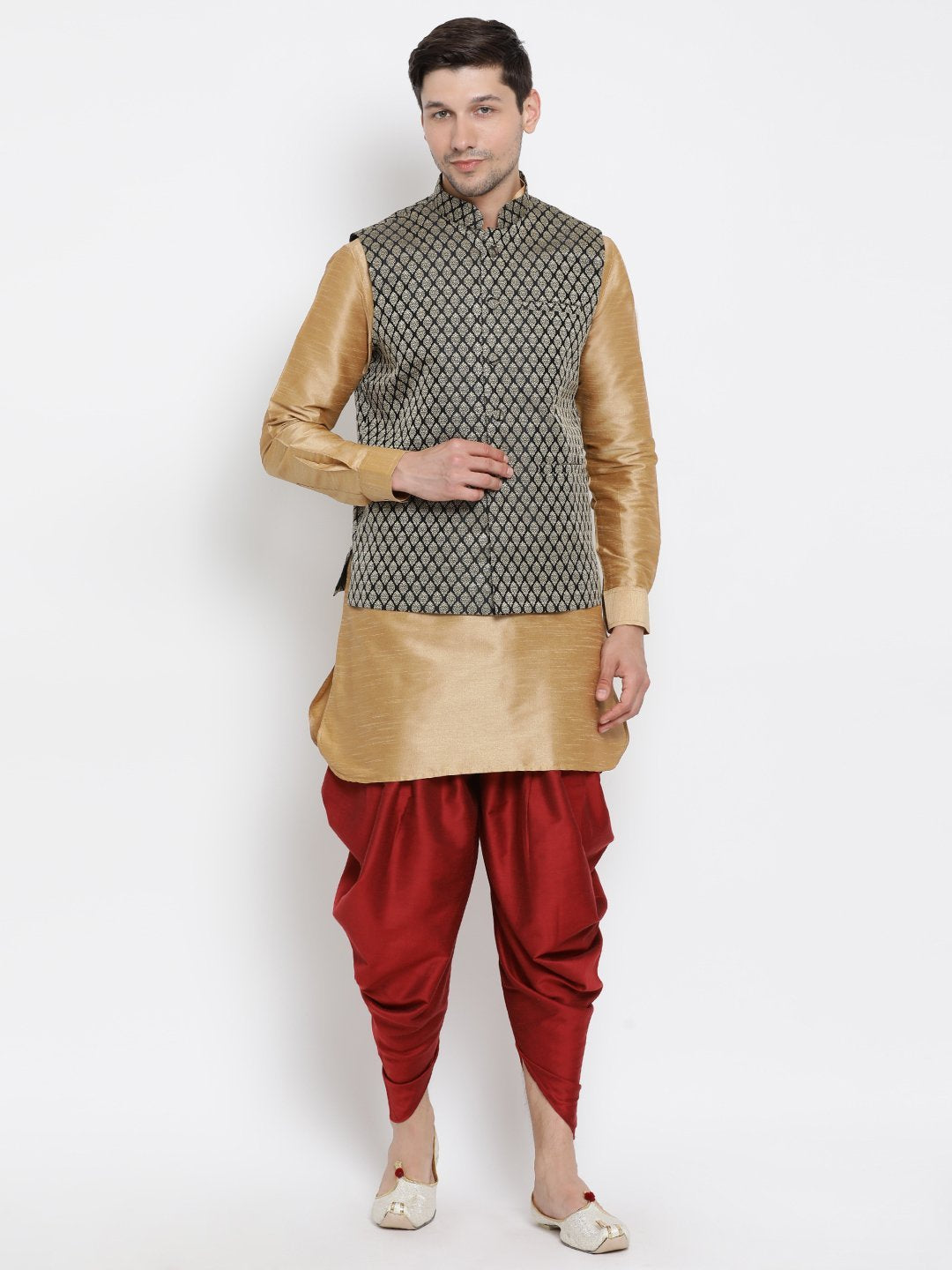 Sarvati Men's Black Silk Blend Jacket With Curved Kurta Dhoti Set