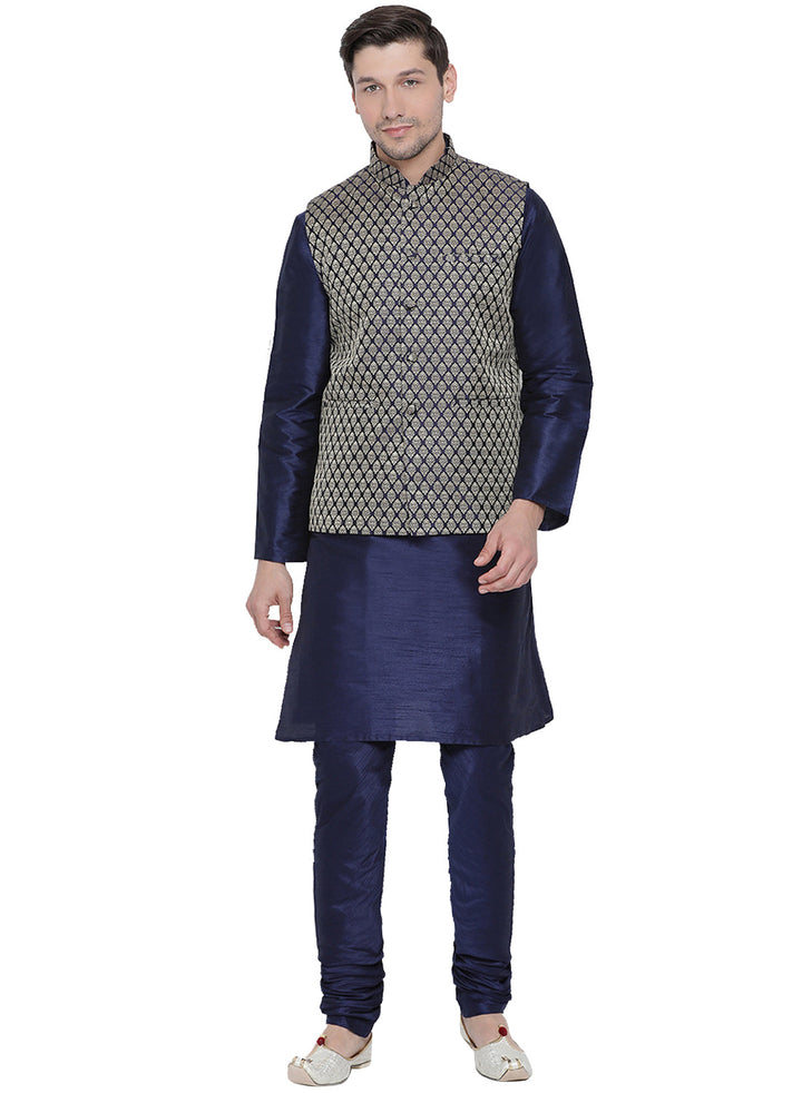 Sarvati Men's Dark Blue Cotton Silk Blend Kurta, Ethnic Jacket Style Pyjama Set